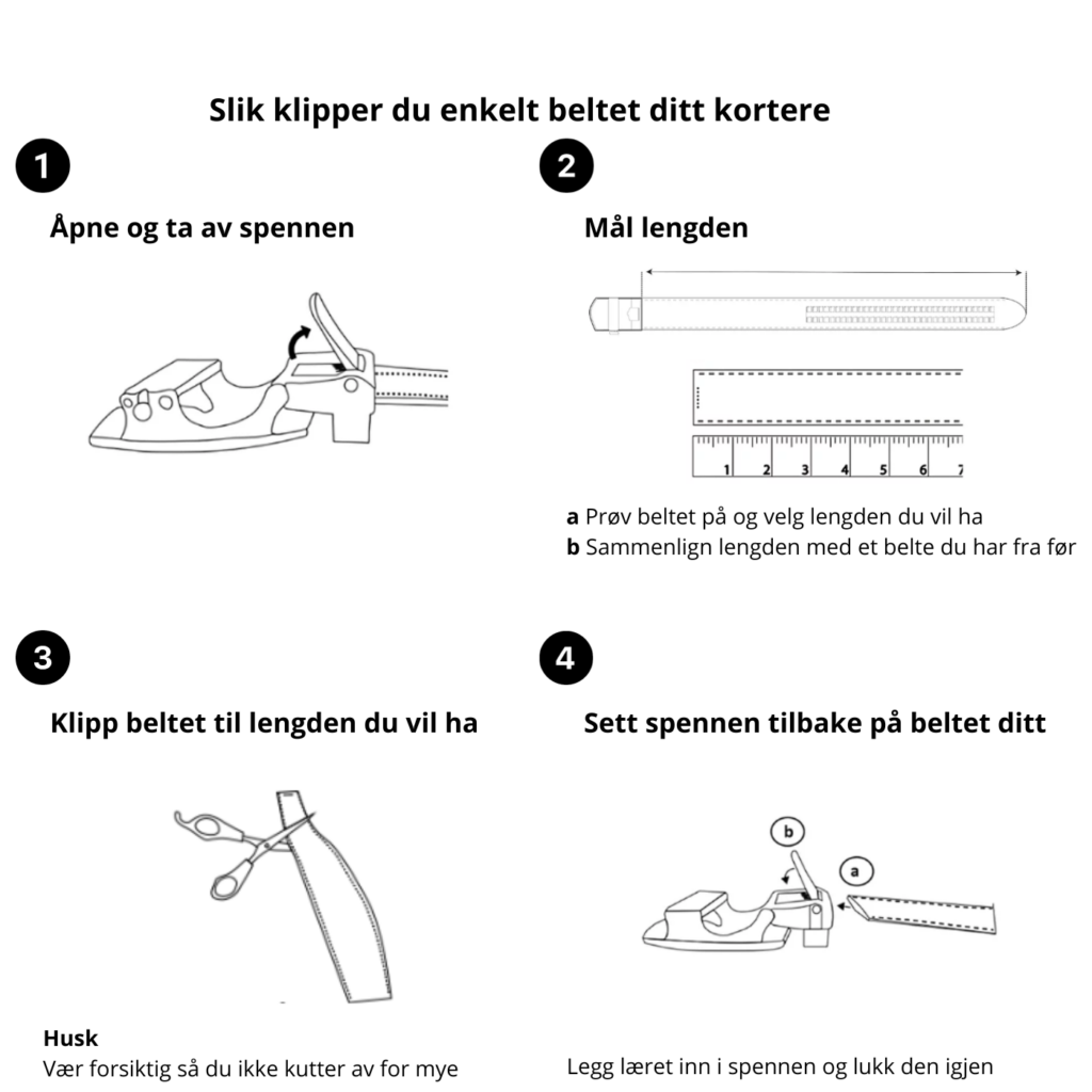 Firetrinns guide for tilpasning av Orions justerbare skinnbelte.