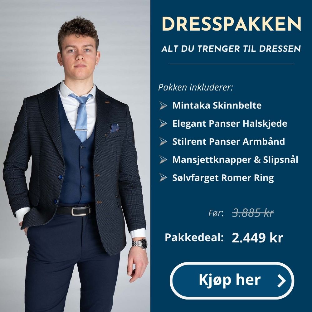 Fullt sett med tilbehør til dressen, inkludert i Dresspakken til Orions Fashion – din alt-i-ett løsning for formell stil.